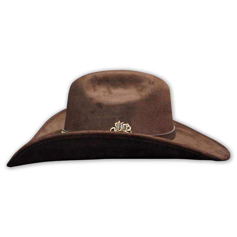 Brown Suede Cowboy Hat With Ornate Band & Badge Accents
