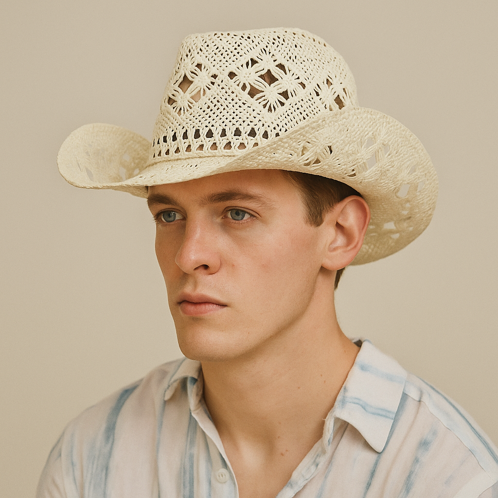 Hand Crocheted White Straw Cowboy Hat