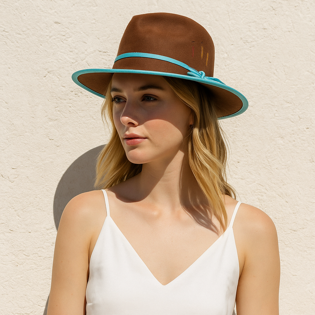 Brown Cowboy Hat With Colorful Band & Turquoise Trim