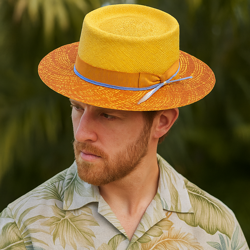 Woven Straw Hat With Blue Ribbon Accent