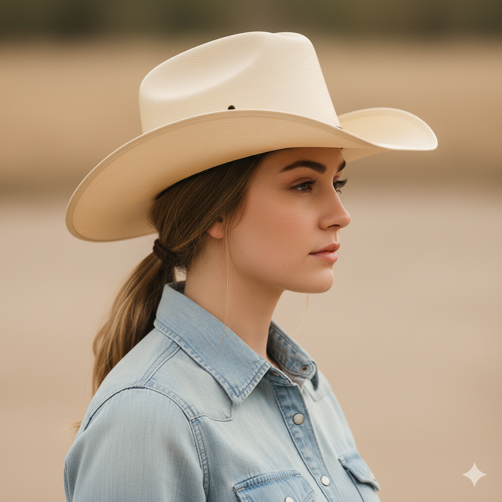 Beige Straw Cowboy Hat With Black Ribbon Accent