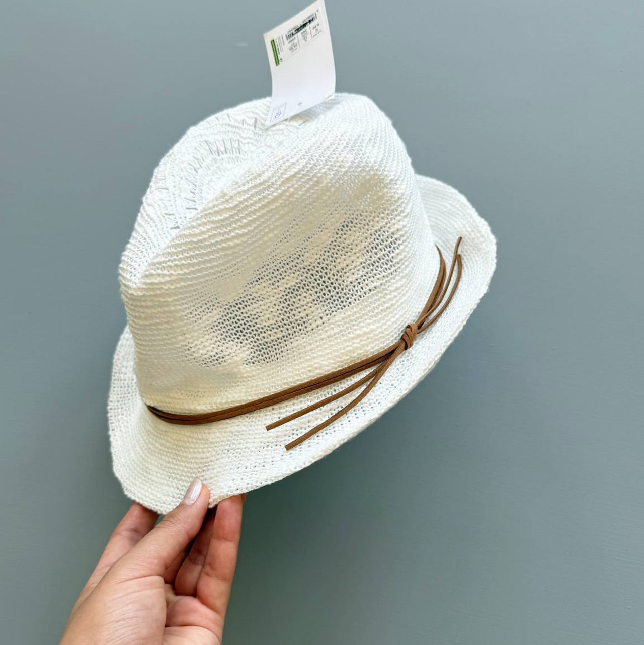 Beige Woven Straw Fedora With Leather Band