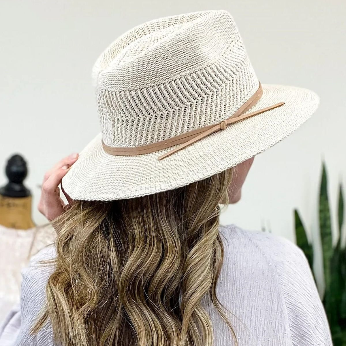 Beige Woven Straw Fedora With Leather Band