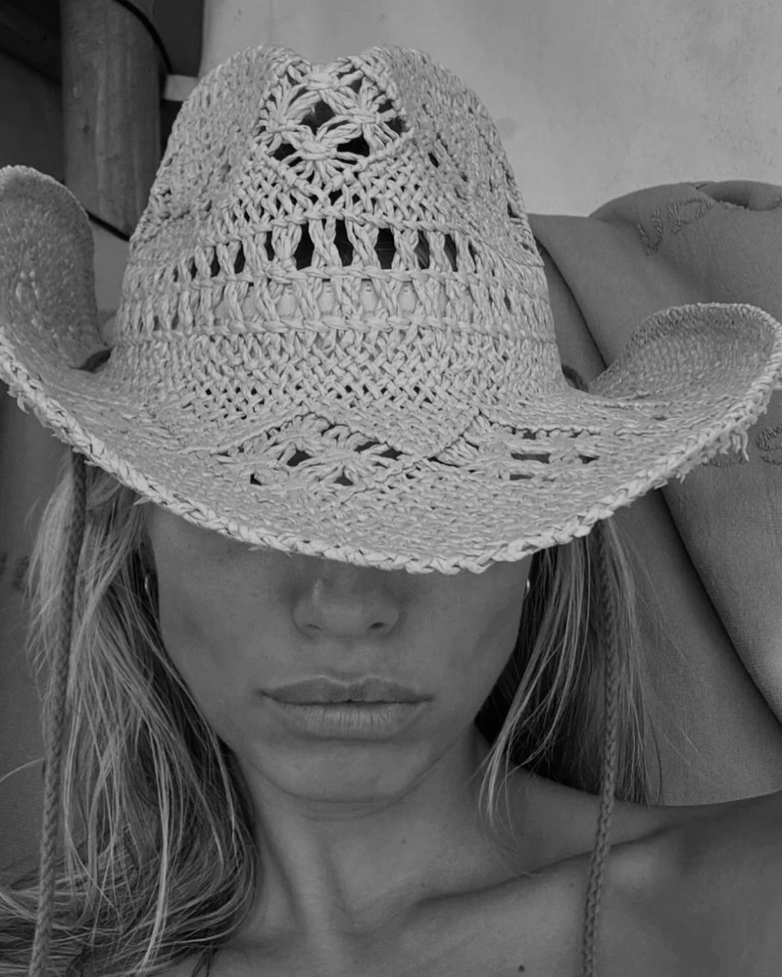 Hand Crocheted White Straw Cowboy Hat