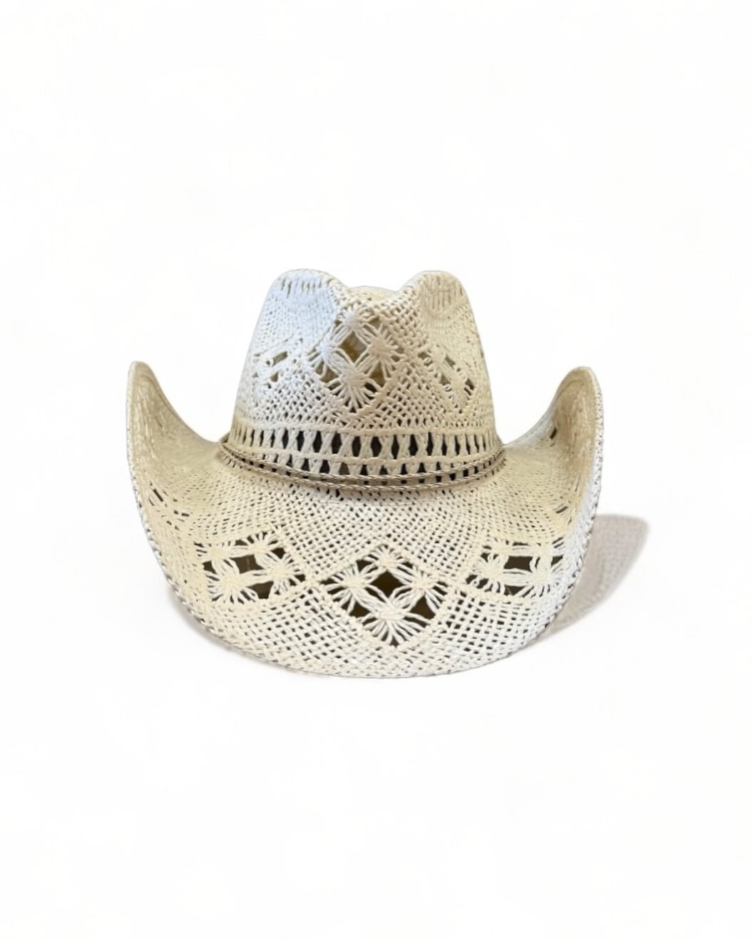 Hand Crocheted White Straw Cowboy Hat