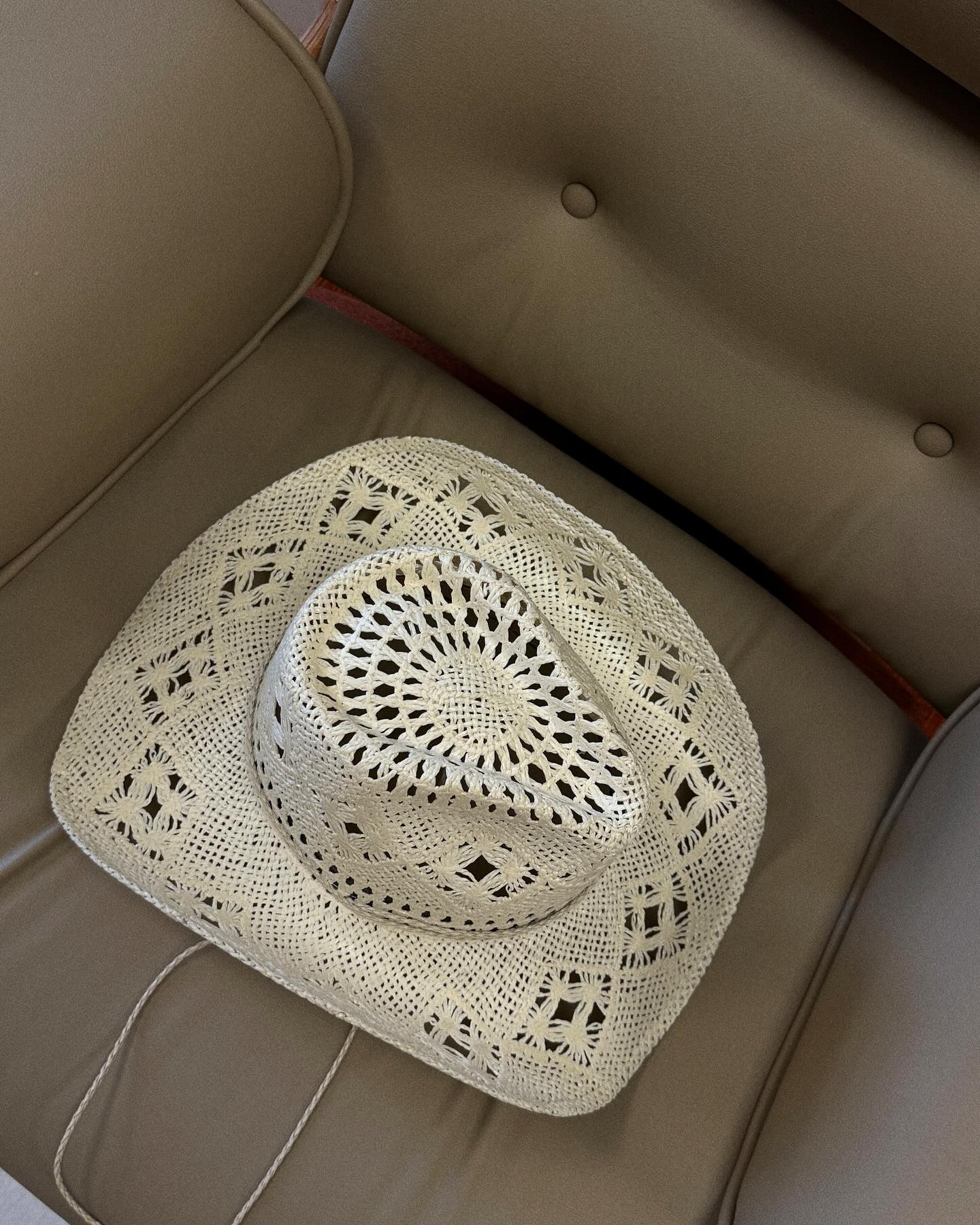 Hand Crocheted White Straw Cowboy Hat