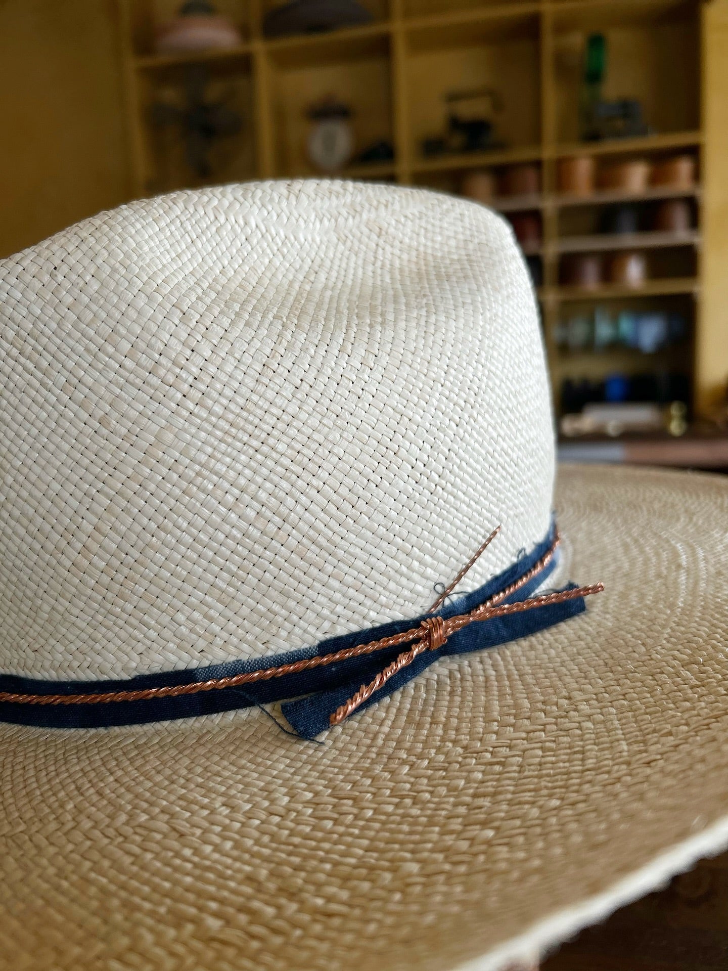 Beige Straw Cowboy Hat With Navy & Brown Band
