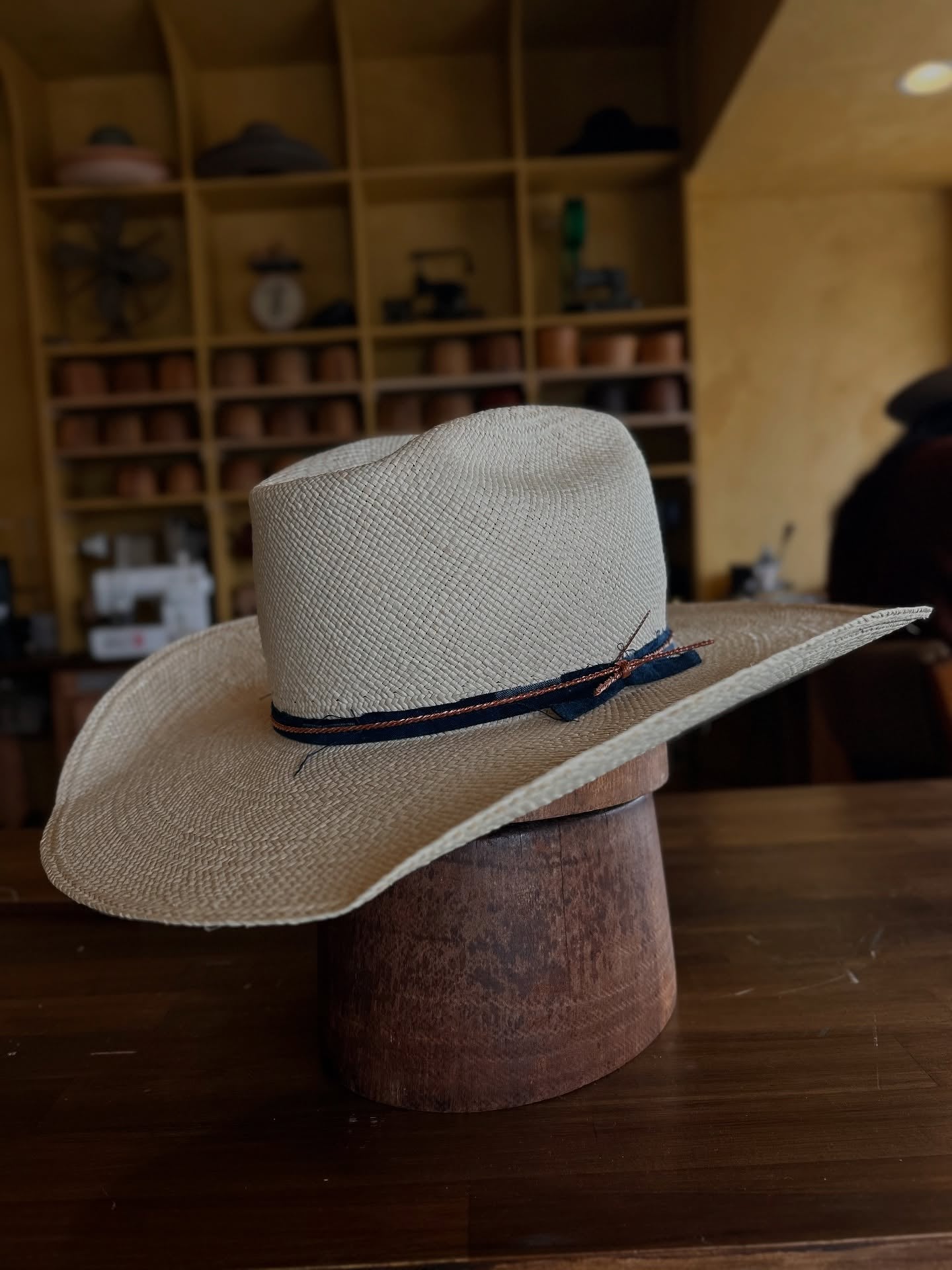 Beige Straw Cowboy Hat With Navy & Brown Band