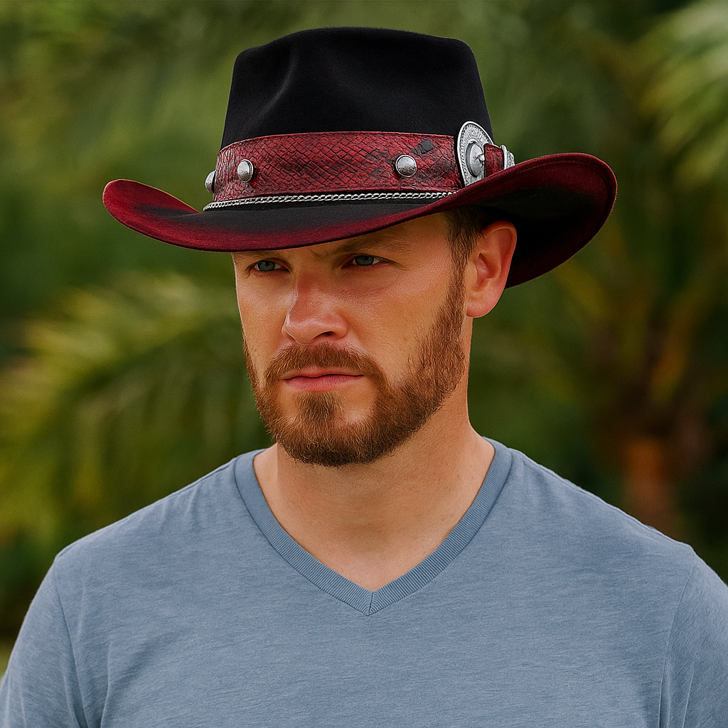 Leather Cowboy Hat with Ornate Belt Buckle Band