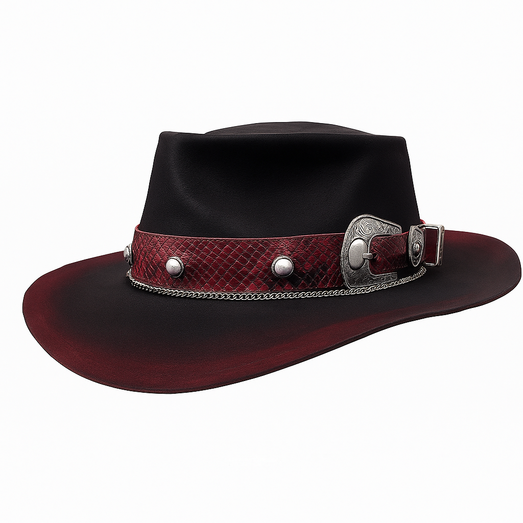 Leather Cowboy Hat with Ornate Belt Buckle Band