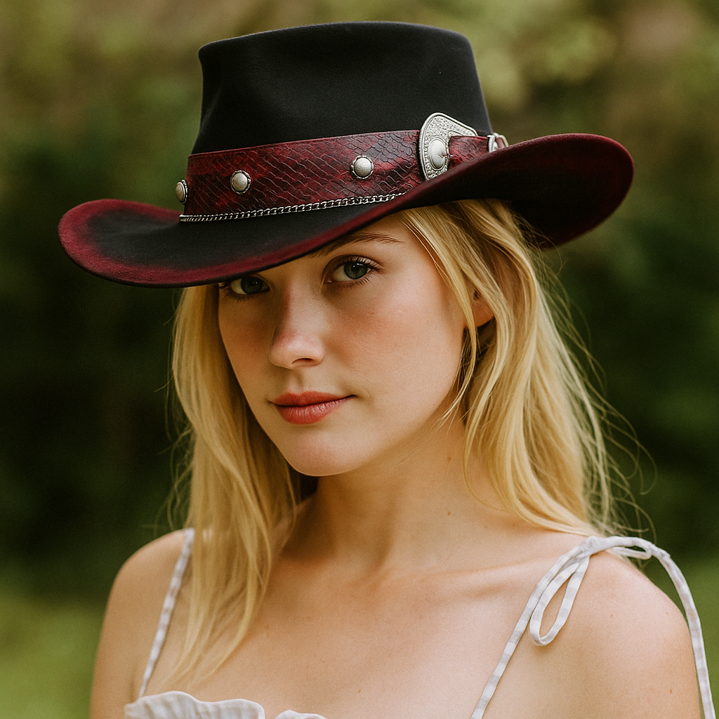 Leather Cowboy Hat with Ornate Belt Buckle Band