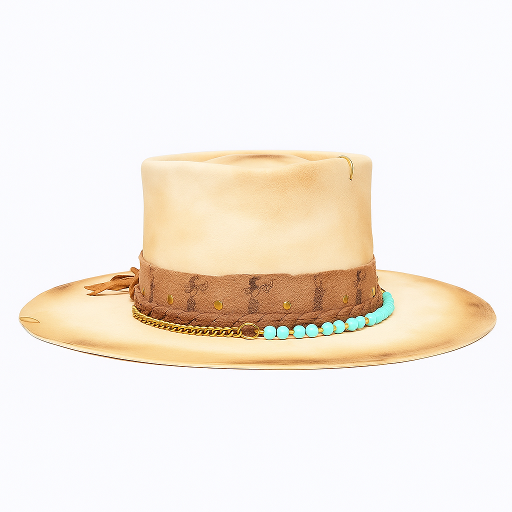 Handcrafted Beige Fedora with Turquoise Bead & Chain Band