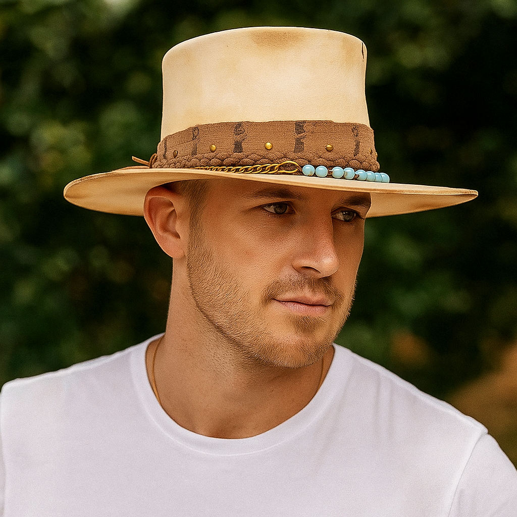 Handcrafted Beige Fedora with Turquoise Bead & Chain Band