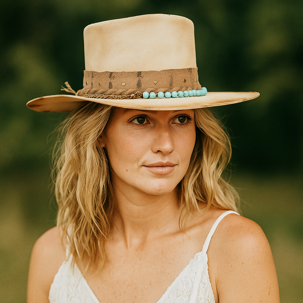 Handcrafted Beige Fedora with Turquoise Bead & Chain Band