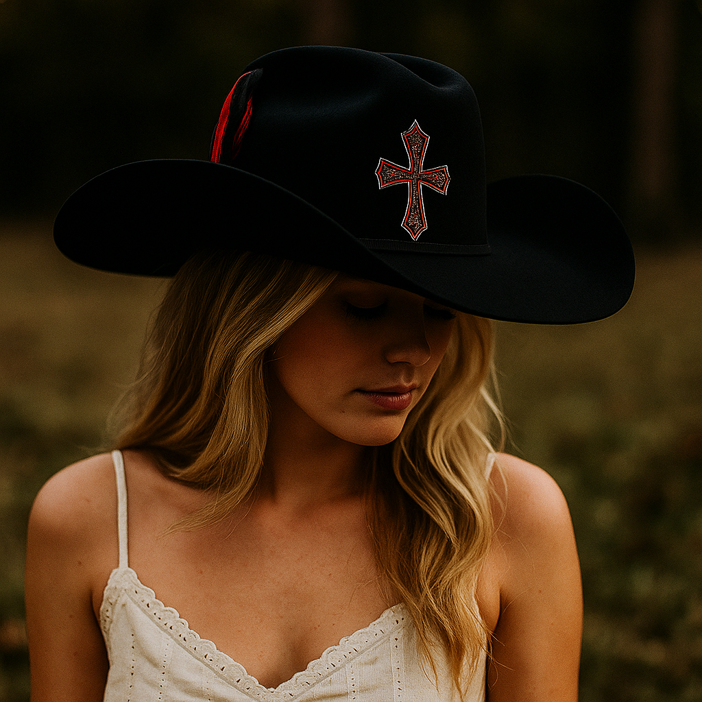 Black Wool Cowboy Hat With Red Cross & Feather Accents