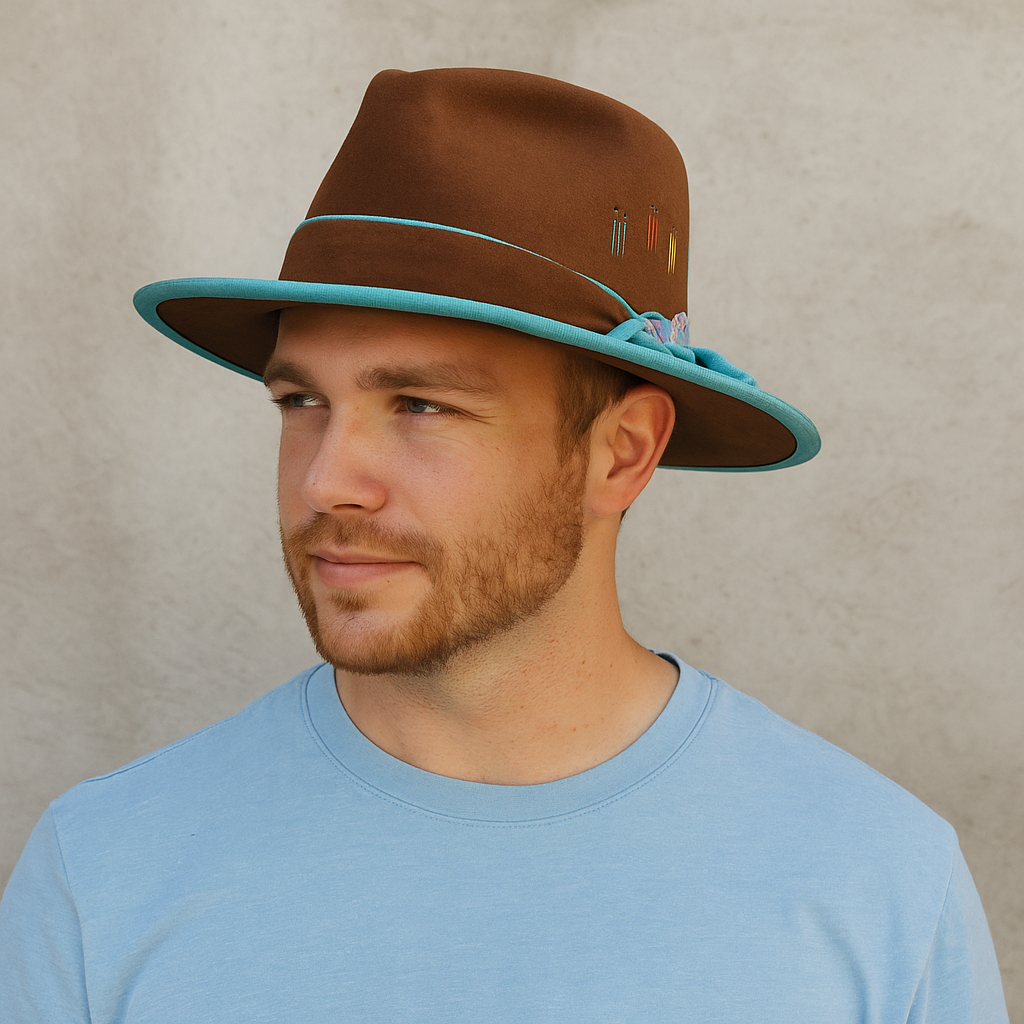 Brown Cowboy Hat With Colorful Band & Turquoise Trim