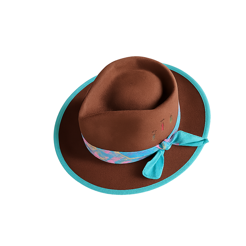 Brown Cowboy Hat With Colorful Band & Turquoise Trim