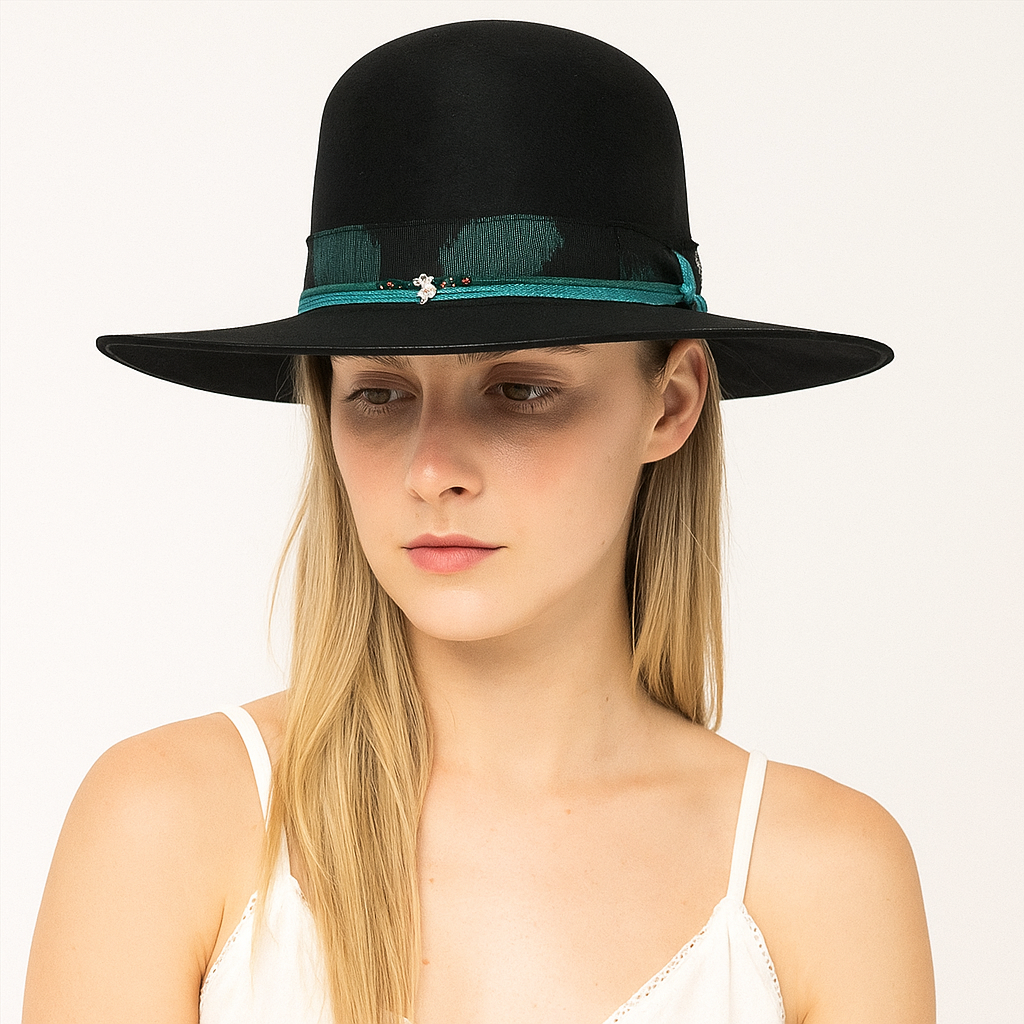 Black Wool Felt Hat With Teal Embroidered Band