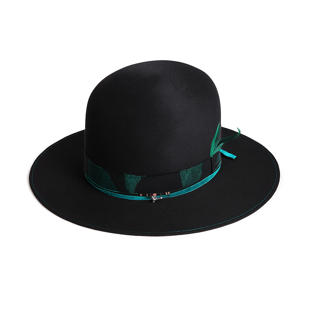 Black Wool Felt Hat With Teal Embroidered Band