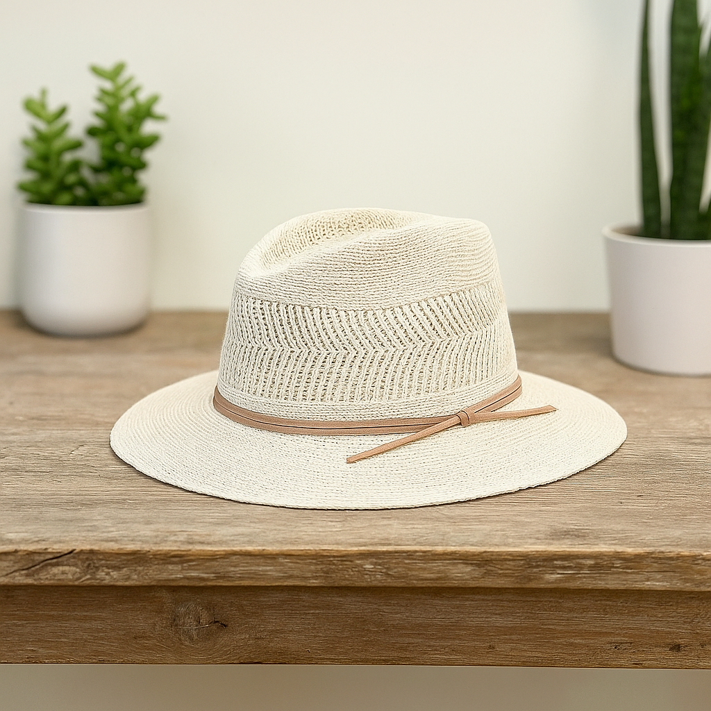 Beige Woven Straw Fedora With Leather Band