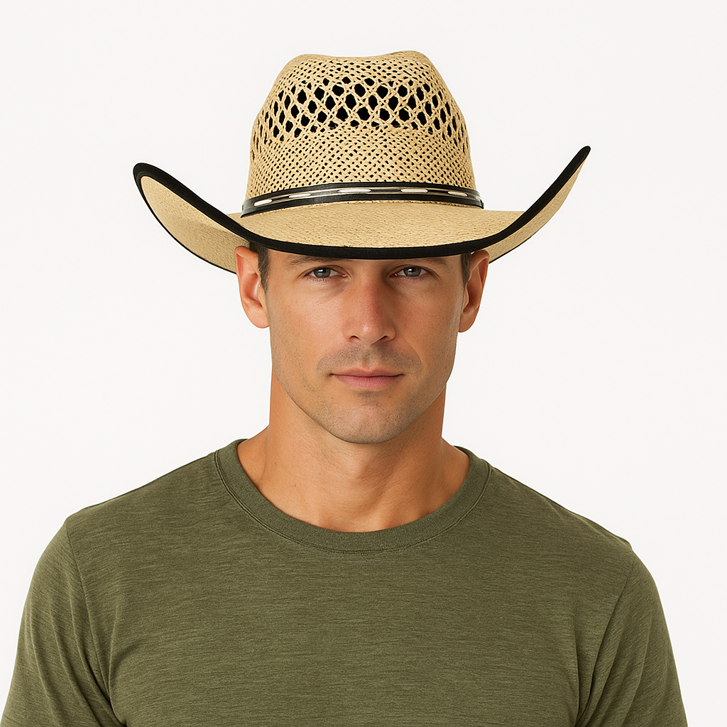 Ventilated Straw Cowboy Hat With Black Trim