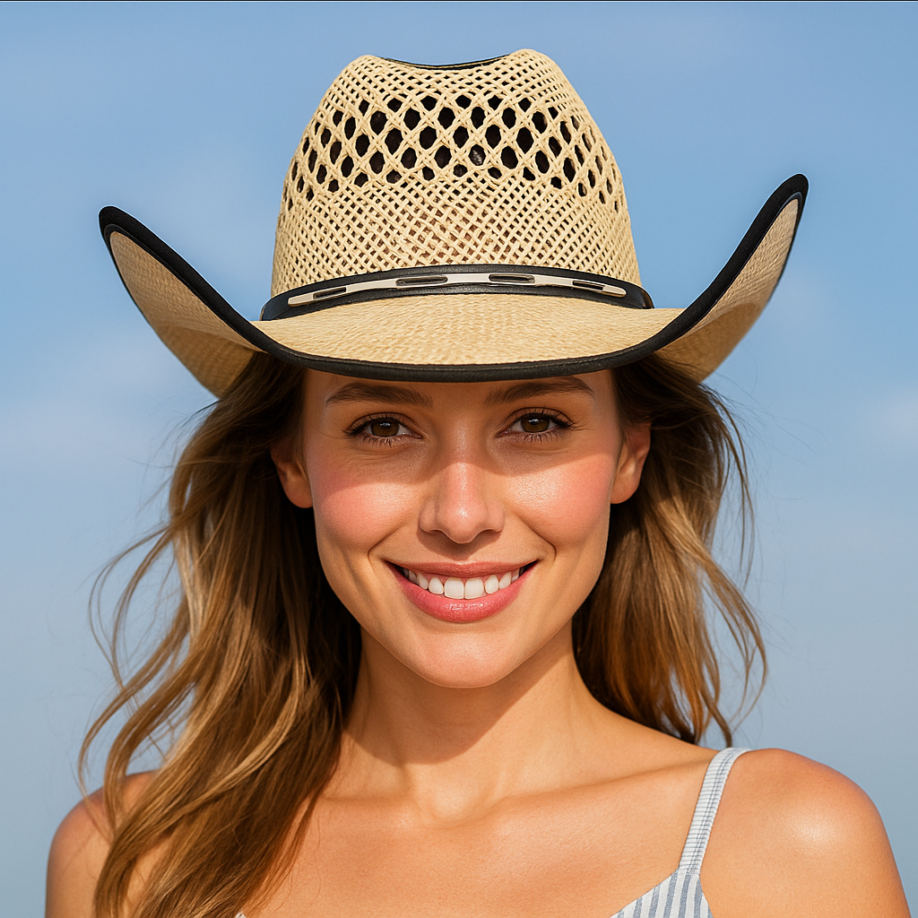 Ventilated Straw Cowboy Hat With Black Trim