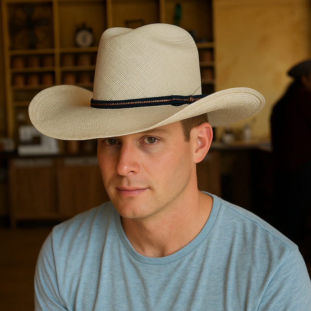 Beige Straw Cowboy Hat With Navy & Brown Band