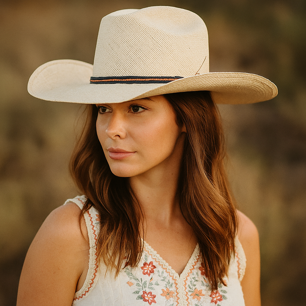 Beige Straw Cowboy Hat With Navy & Brown Band