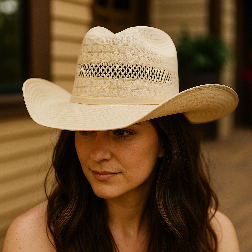 Beige Woven Straw Cowboy Hat With Ventilated Band