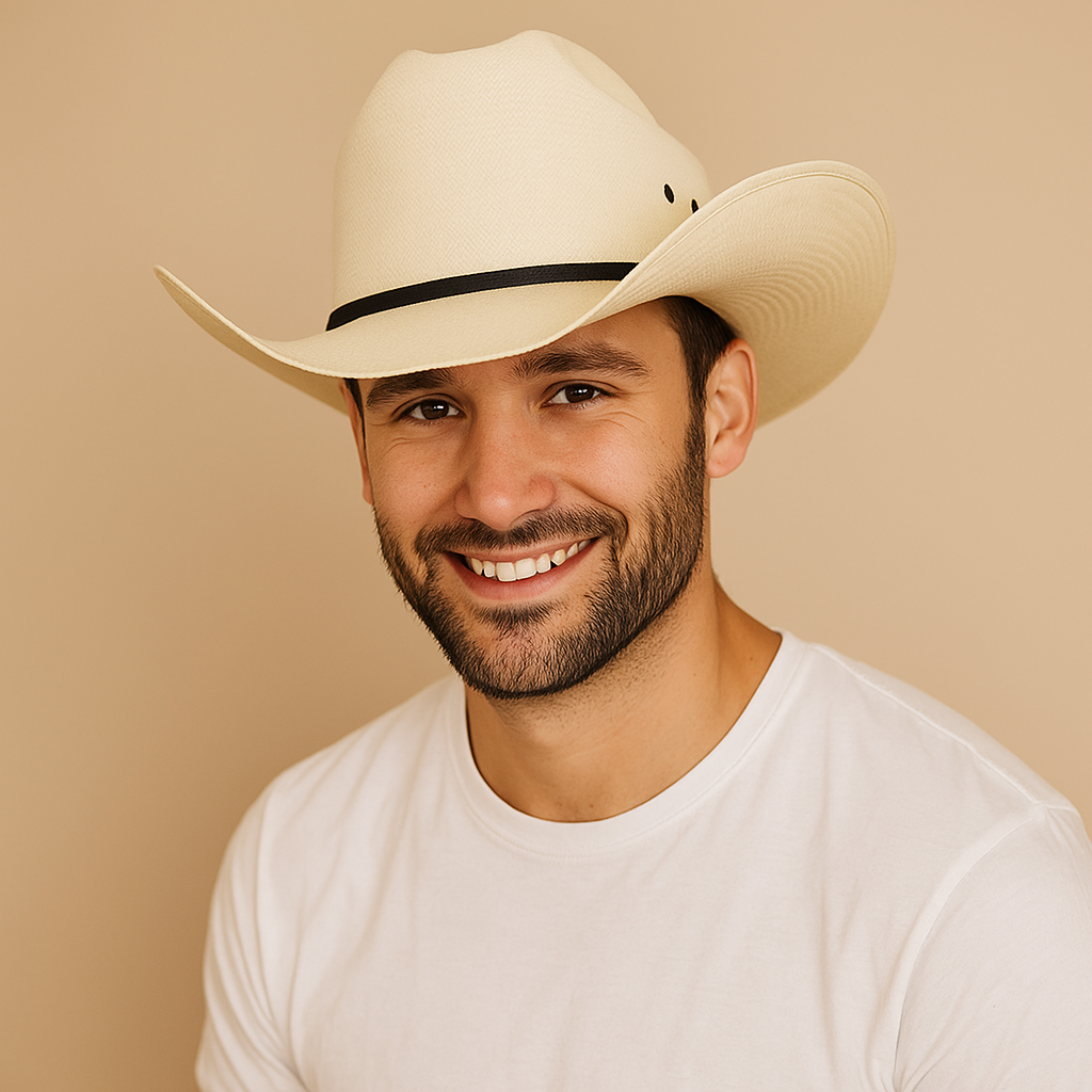 Beige Straw Cowboy Hat With Black Ribbon Accent