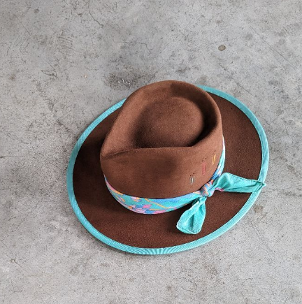 Brown Cowboy Hat With Colorful Band & Turquoise Trim