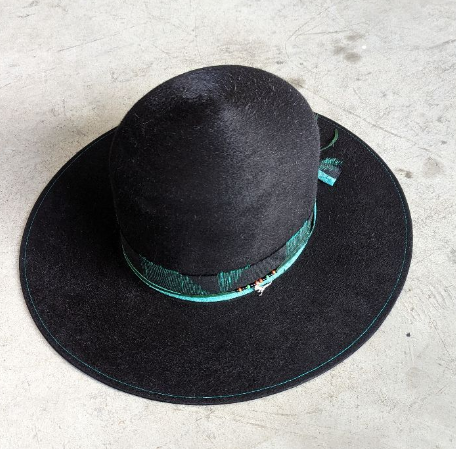Black Wool Felt Hat With Teal Embroidered Band