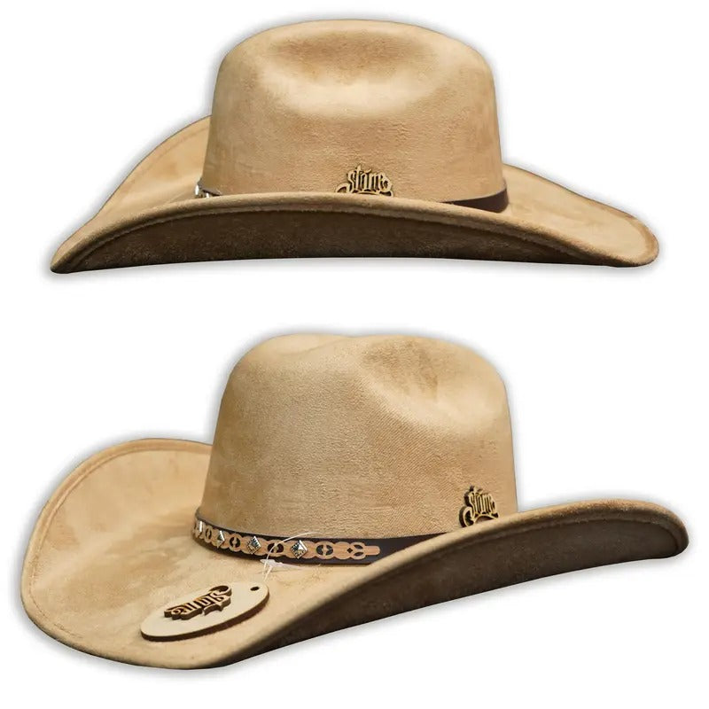 Brown Suede Cowboy Hat With Ornate Band & Badge Accents