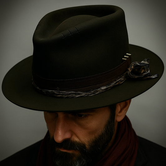 Olive Green Wool Fedora With Layered Band & Distressed Detail