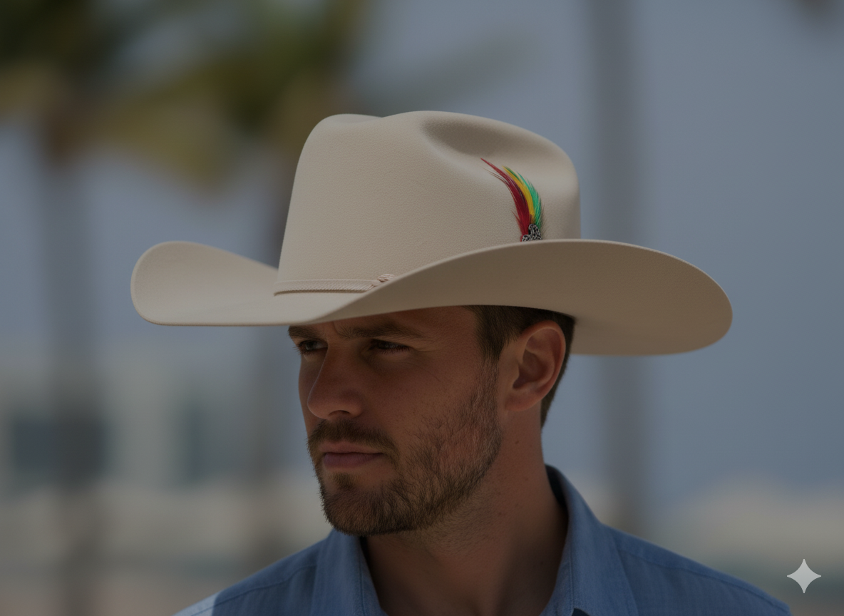Beige Wool Cowboy Hat With Colorful Feather Accent