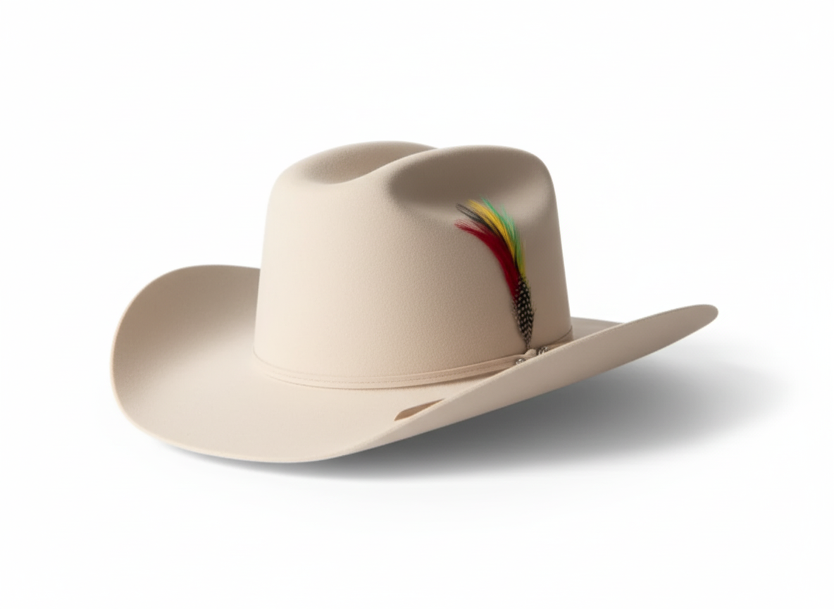 Beige Wool Cowboy Hat With Colorful Feather Accent