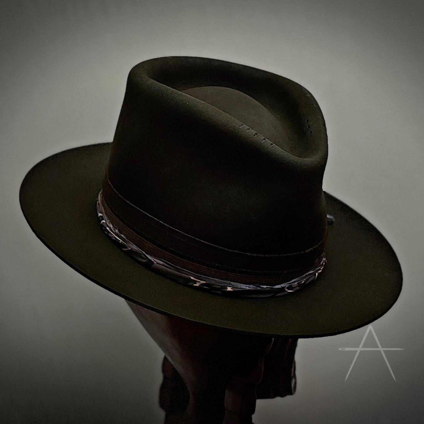 Olive Green Wool Fedora With Layered Band & Distressed Detail