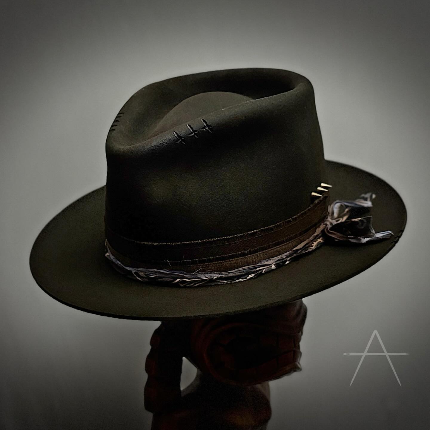 Olive Green Wool Fedora With Layered Band & Distressed Detail