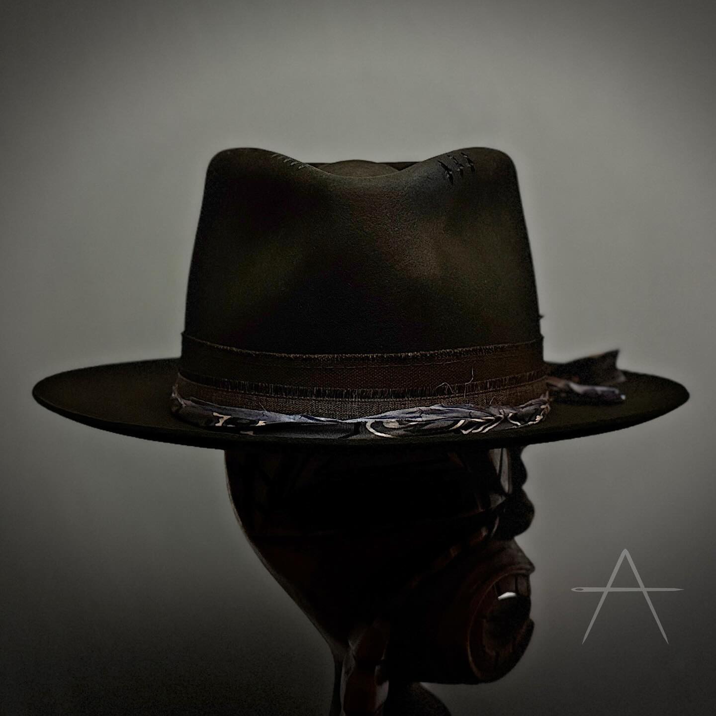 Olive Green Wool Fedora With Layered Band & Distressed Detail
