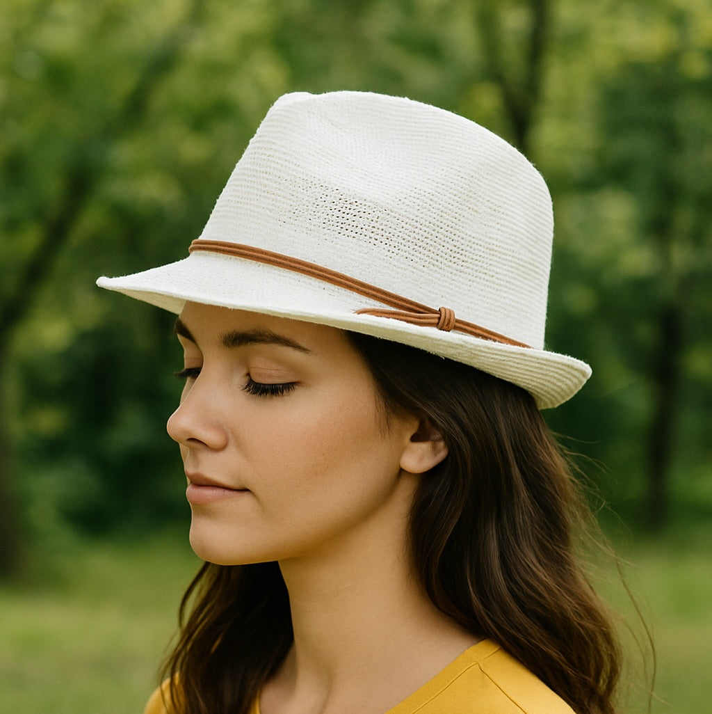 Beige Woven Straw Fedora With Leather Band