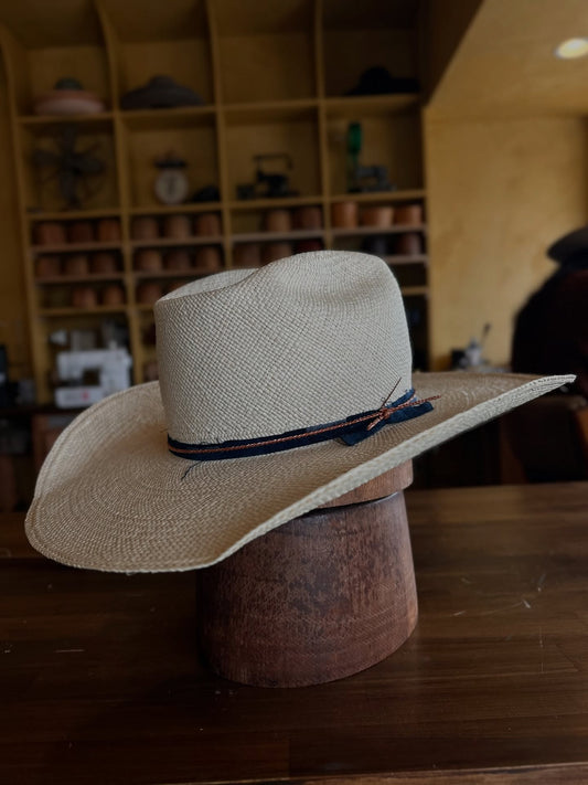Beige Straw Cowboy Hat With Navy & Brown Band