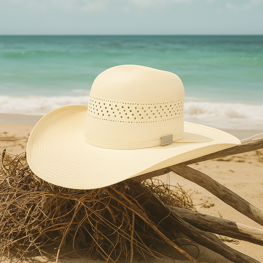 Beige Straw Cowboy Hat with Ventilated Crown