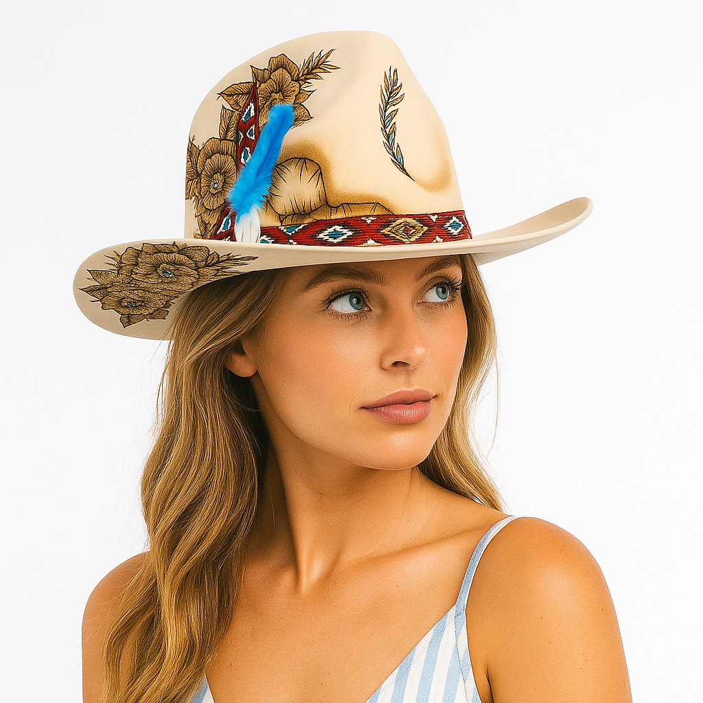 Western Cowboy Hat with Floral & Feather Accents
