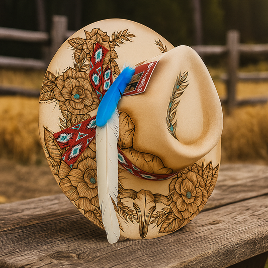 Western Cowboy Hat with Floral & Feather Accents