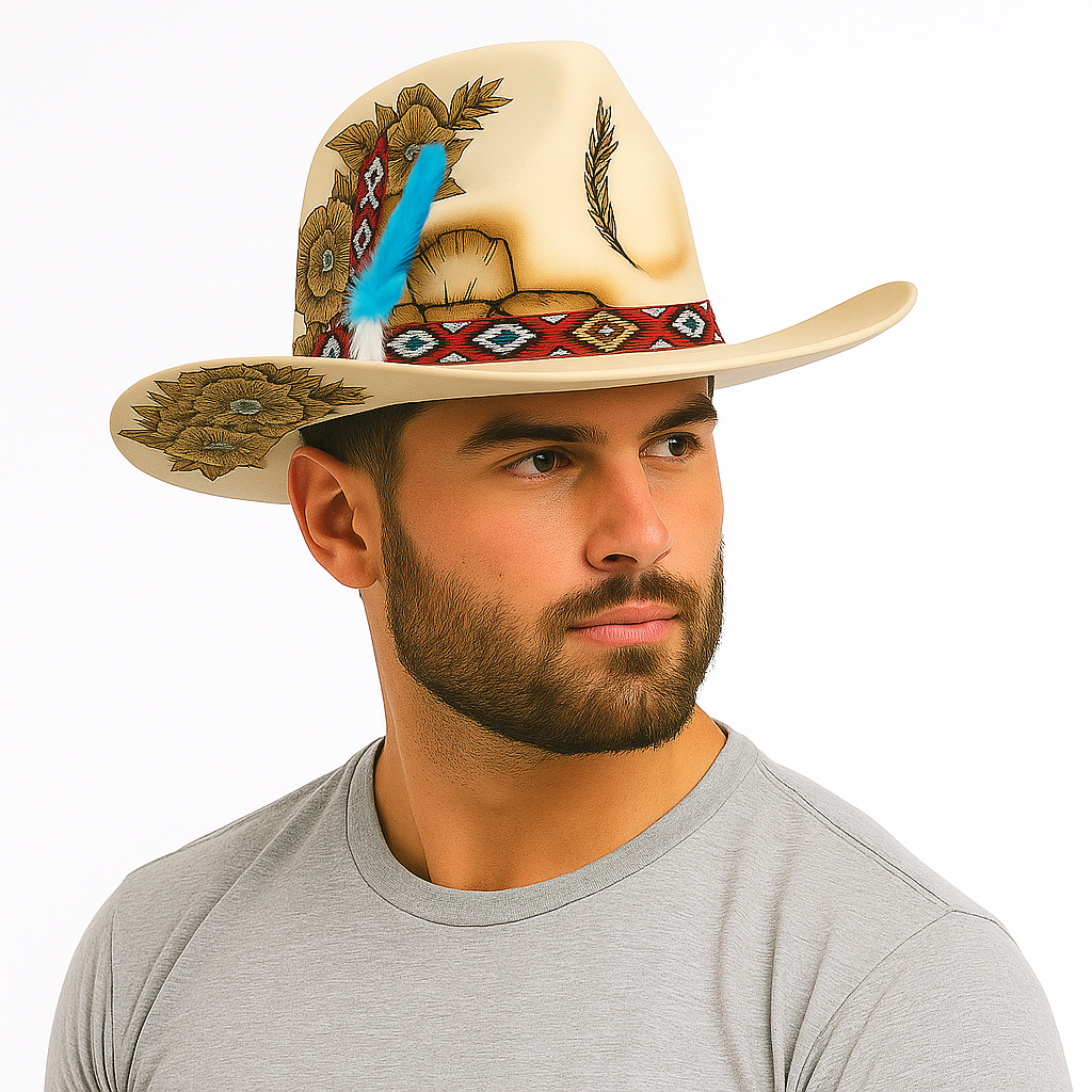 Western Cowboy Hat with Floral & Feather Accents