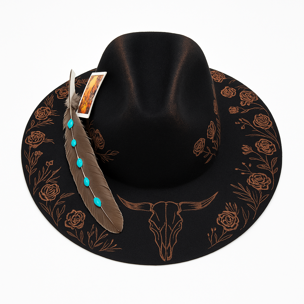 Hand Embroidered Black Cowboy Hat with Feather & Turquoise Accents