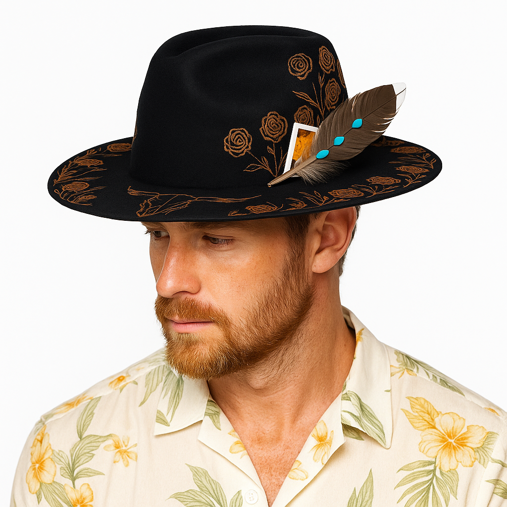 Hand Embroidered Black Cowboy Hat with Feather & Turquoise Accents