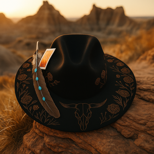 Hand Embroidered Black Cowboy Hat with Feather & Turquoise Accents