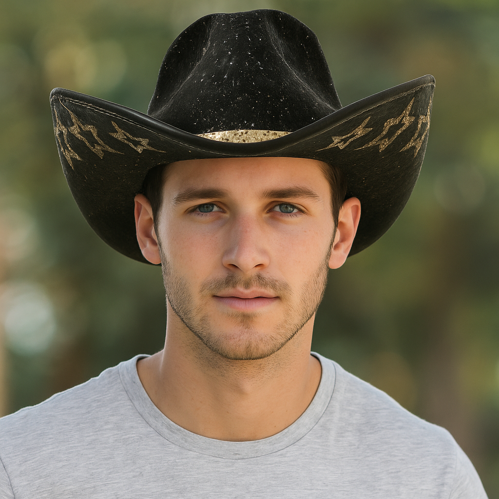 Black Glitter Cowboy Hat with Gold Lightning Accents