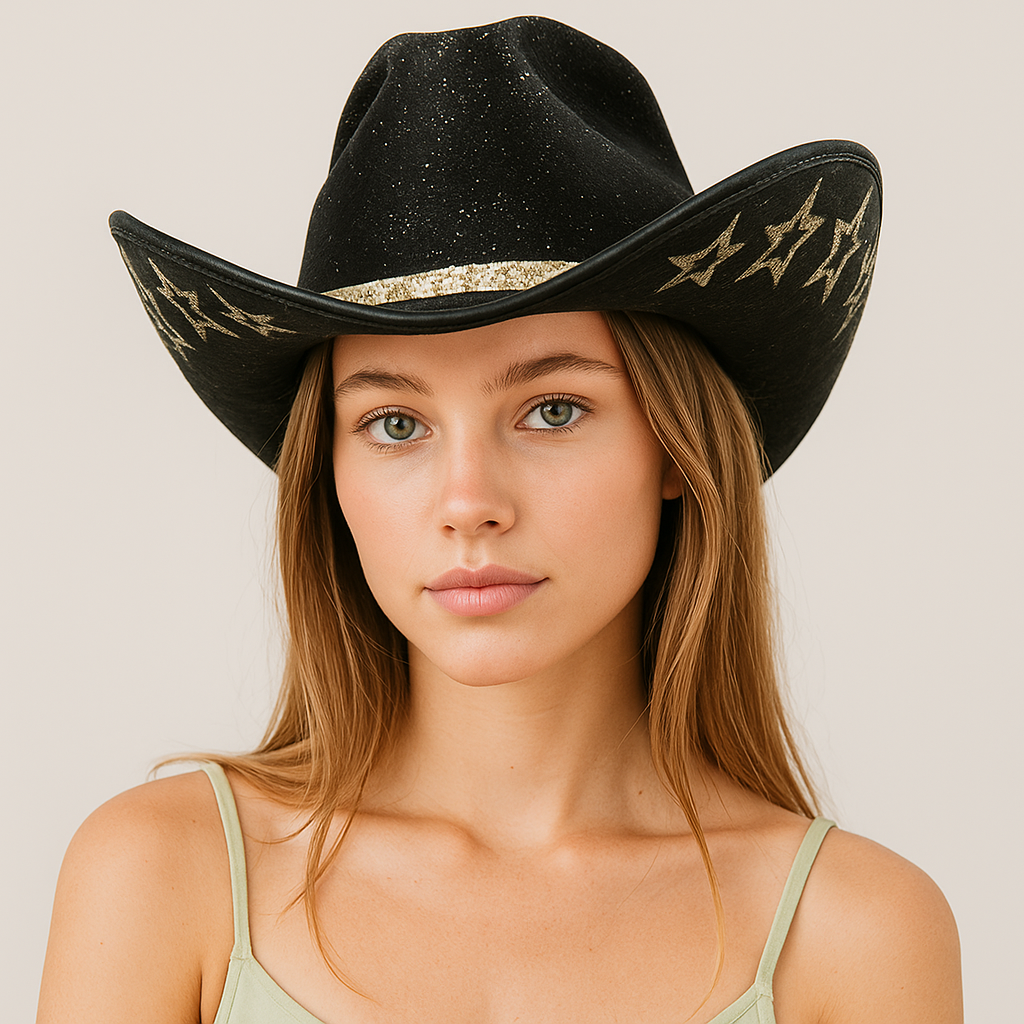 Black Glitter Cowboy Hat with Gold Lightning Accents